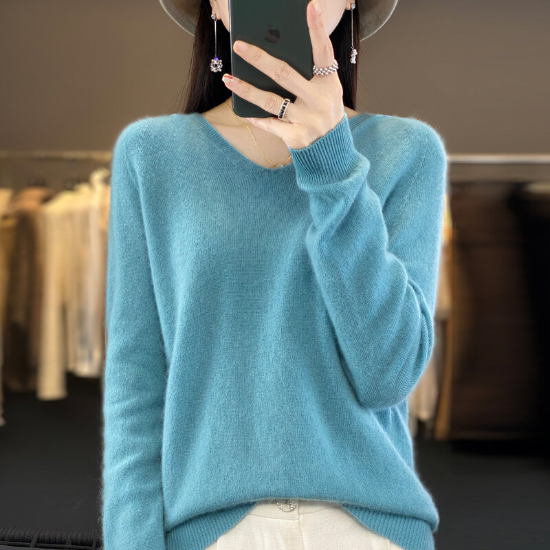 Suéter con capucha y cuello en V para mujer, Jersey suelto de manga larga de punto, sin costuras, 2023 de lana pura, Otoño/Invierno, 100%