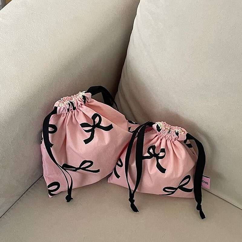 Bow Knot tas serut Mini bergaris, kantong penyimpanan kosmetik dompet wanita tali Kawaii manis tas Mini penyimpanan anak perempuan