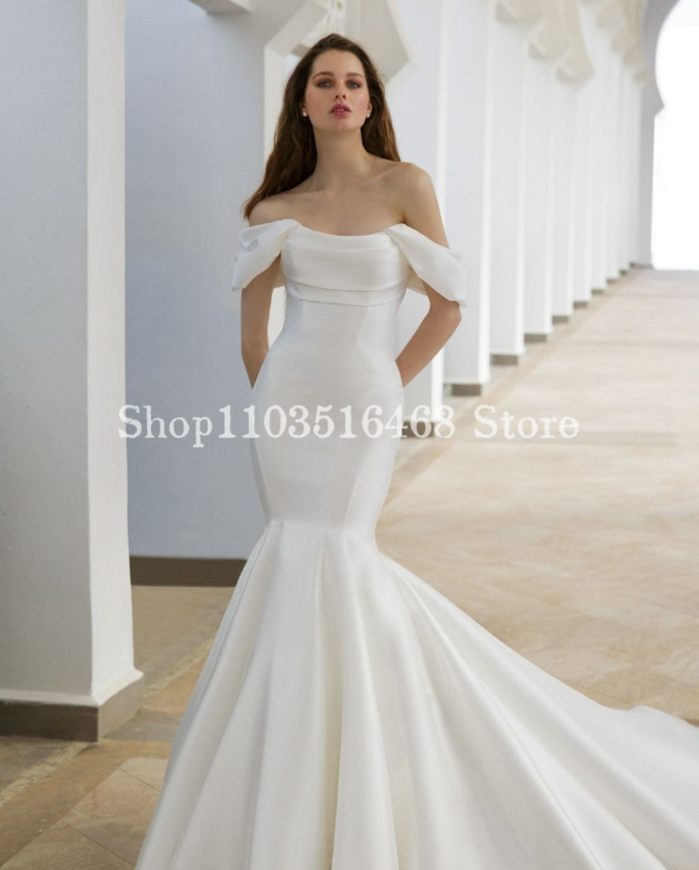 Vestidos de noiva femininos em cetim, vestidos de noiva brancos simples, robes longos, alta costura elegante, 2024