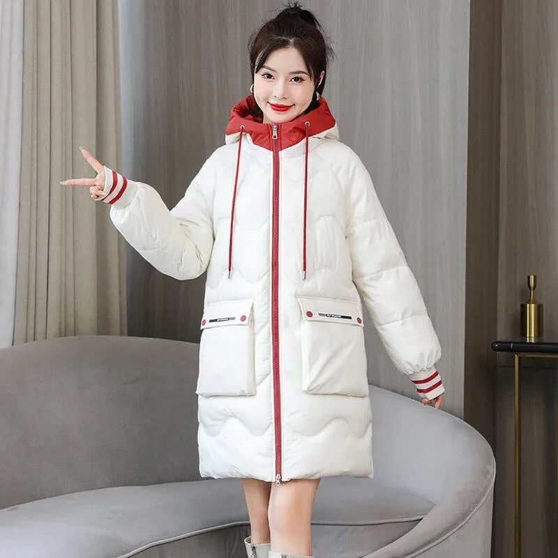 Parkas con capucha de moda coreana para mujer, chaqueta de longitud media acolchada de algodón suelto, abrigo grueso y cálido que combina con todo, Color impactante, 4xl, 2023