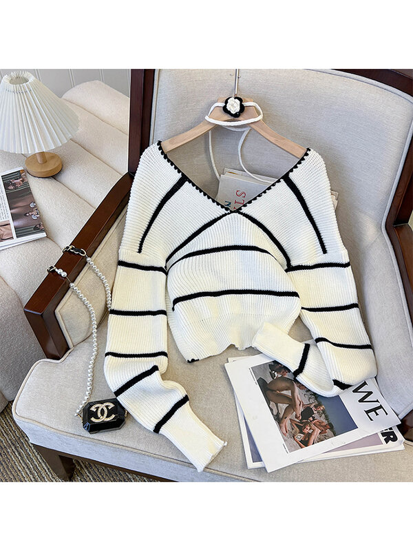 Sweater rajut bergaris putih wanita, baju Sweater rajutan Y2k 90s Harajuku Korea Vintage leher V lengan panjang 2023
