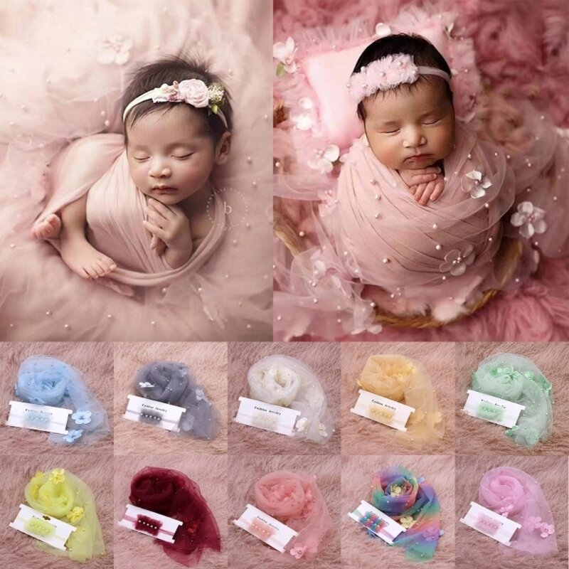 2Pcs Newborn Baby Photography Props Long Wrap  Beads Flower Decoration DIY Girl Boy Photo Props Blanket with Headbands