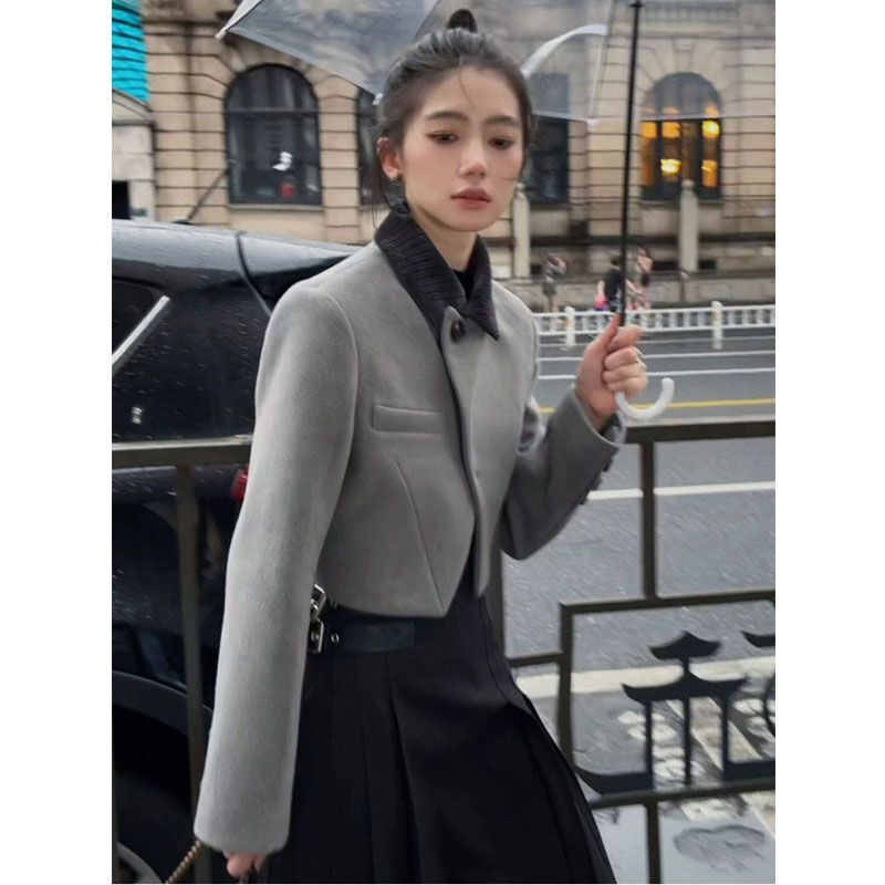 Wysokiej jakości wyczucie mody jesienno-zimowej francuski Vintage mały zestaw zapachowy damski Grey bluzka spódnica dwuczęściowy komplet