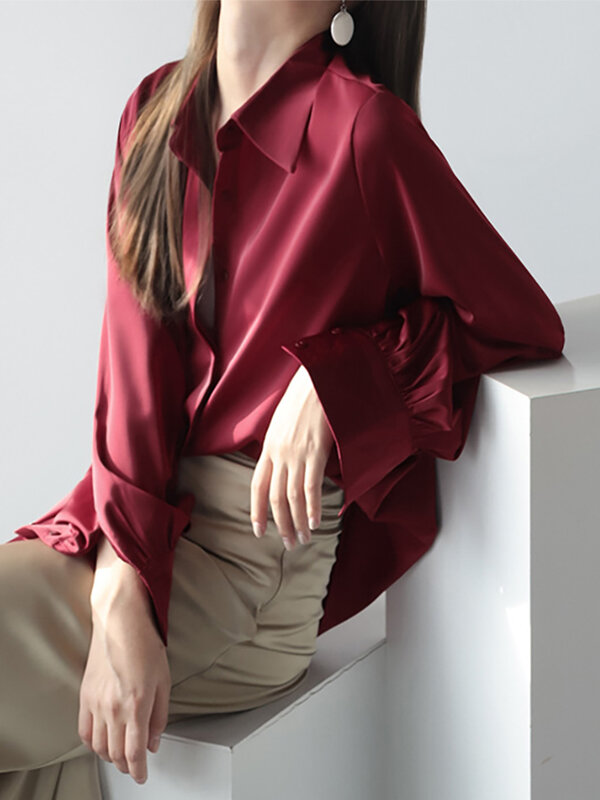 Женское атласное шелковое платье-рубашка, Повседневная винтажная блузка с длинным рукавом, элегантная однотонная приталенная белая рубашка, 2023