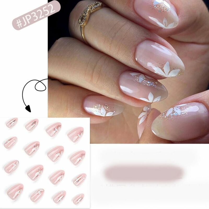 24 sztuk/pudło długie migdałowe sztuczne paznokcie francuska różowa chmura brokatowa kwiaty gwiaździste naciśnięcie na paznokcie sztuczne paznokcie DIY Manicure paznokcie