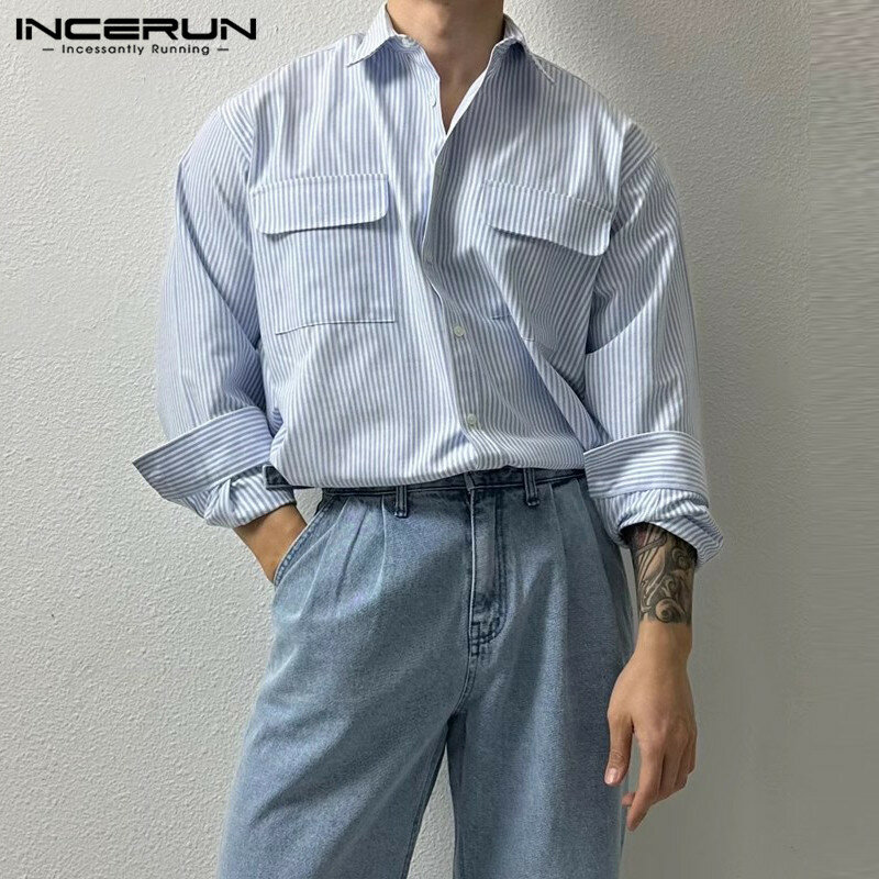 INCERUN-Camisa listrada de manga comprida masculina, lapela solta, bolsos, roupa casual, moda streetwear, lazer, S-5XL, 2024