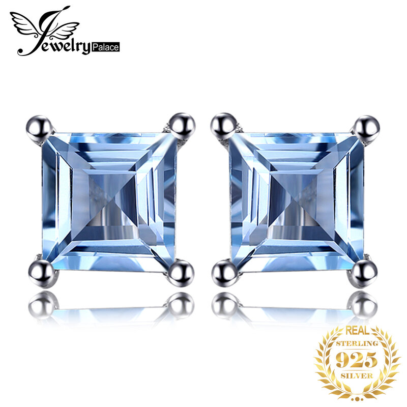 JewelryPalace Square Genuine Blue Topaz Amethyst Citrine Garnet Created Sapphire Ruby Emerald 925 Sterling Silver Stud Earrings