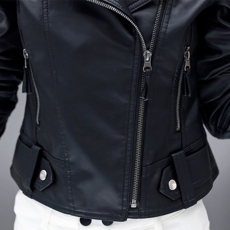 女性用の黒い合成皮革バイカージャケット,ジッパー付きの基本的なコート,襟を折りたたんだ