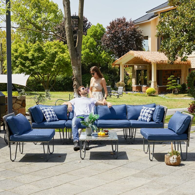 Mobília do pátio ao ar livre com almofadas laváveis Olefin, sofá secional, pátio conversa conjunto, azul, 7 pcs