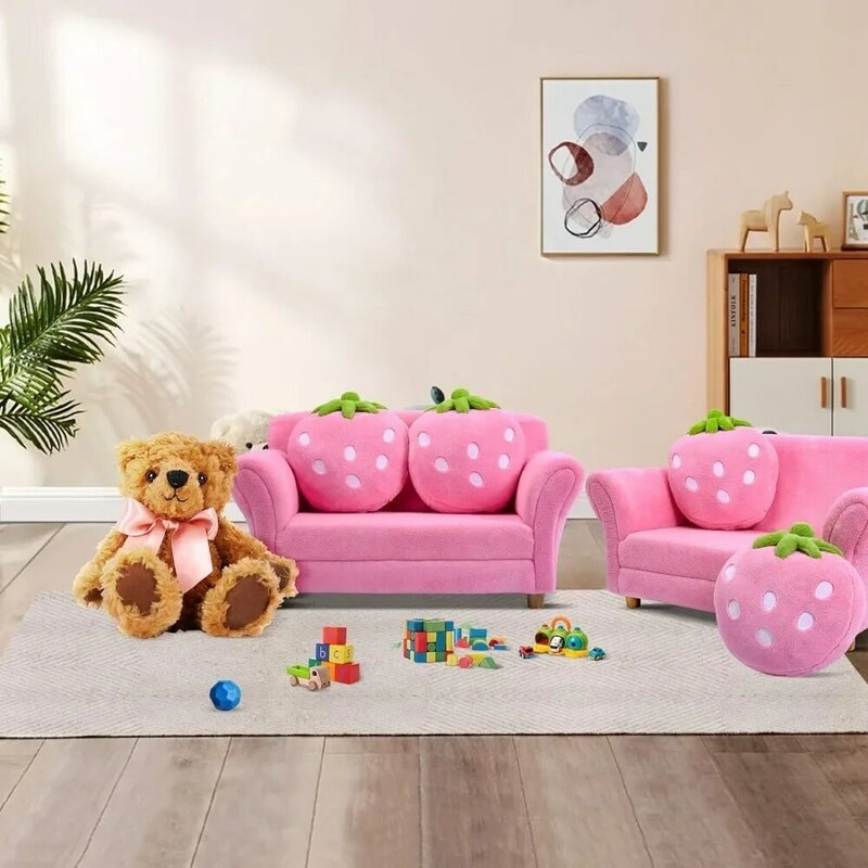 Kinder sofa, gepolsterter Kleinkinds essel mit ergonomischer Rückenlehne und 2 Erdbeer kissen, zweisitziger Kleinkinds essel