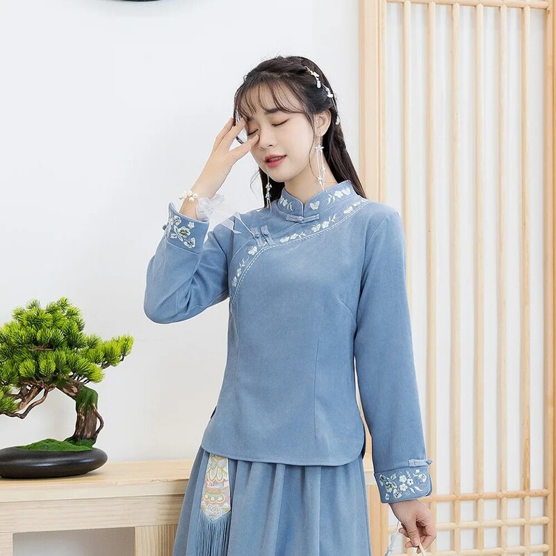 Retro Republic of China Style Embroidered Dress for Women Spring Green Blue Improved Stand Collar Long Sleeve Zen Tea Cheongsams