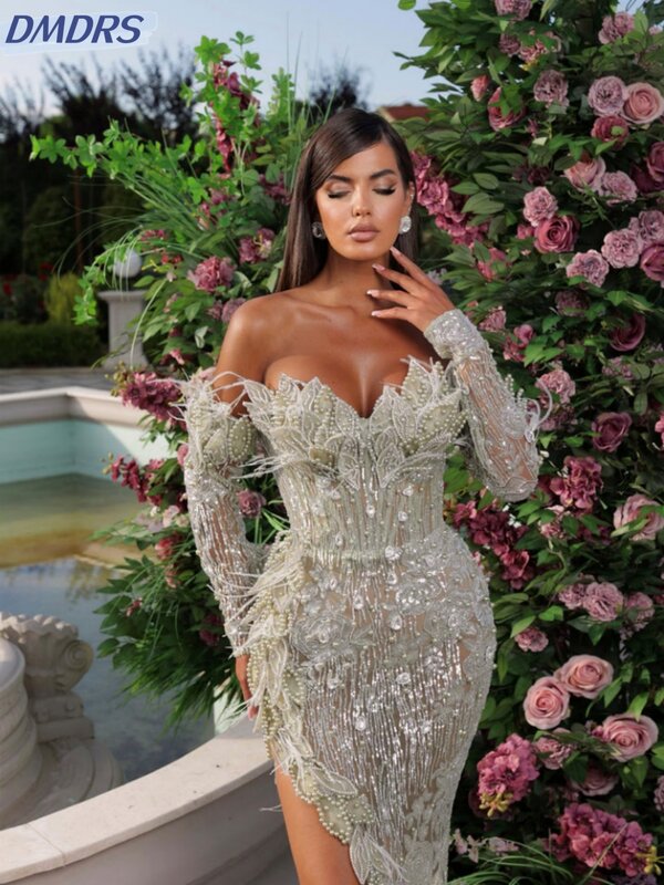 Romantico Sweetheart Neck Prom Dress Sparkly paillettes abiti da sera in cristallo piume di lusso perle abito da Cocktail Robe De Mariée