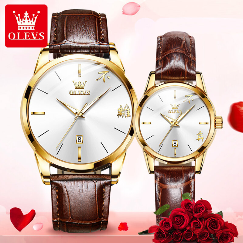 OLEVS jam tangan pasangan, arloji Quartz tali kulit mewah Display China sederhana, kalender tahan air bercahaya Reloj