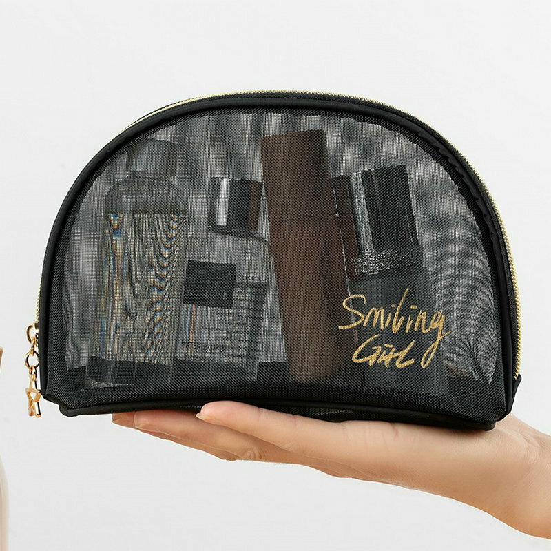 Sac de maquillage Portable en maille noire pour femmes, sac à cosmétiques Transparent, organisateur pour le stockage des cosmétiques, étuis à crayons, sacs de rangement
