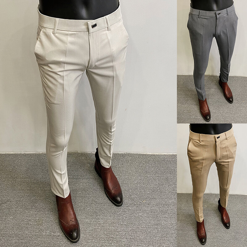 Homens terno calças vestido pantalone hombre estiramento magro calças formais calça masculina cor sólida calças casuais moda roupas masculinas