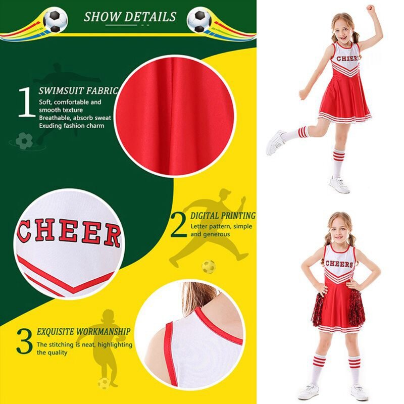 Girls Cheerleader Costume Dress Pompoms Outfit Purim Schoolgirl Cheer Stage Performance Cheerleading Uniform