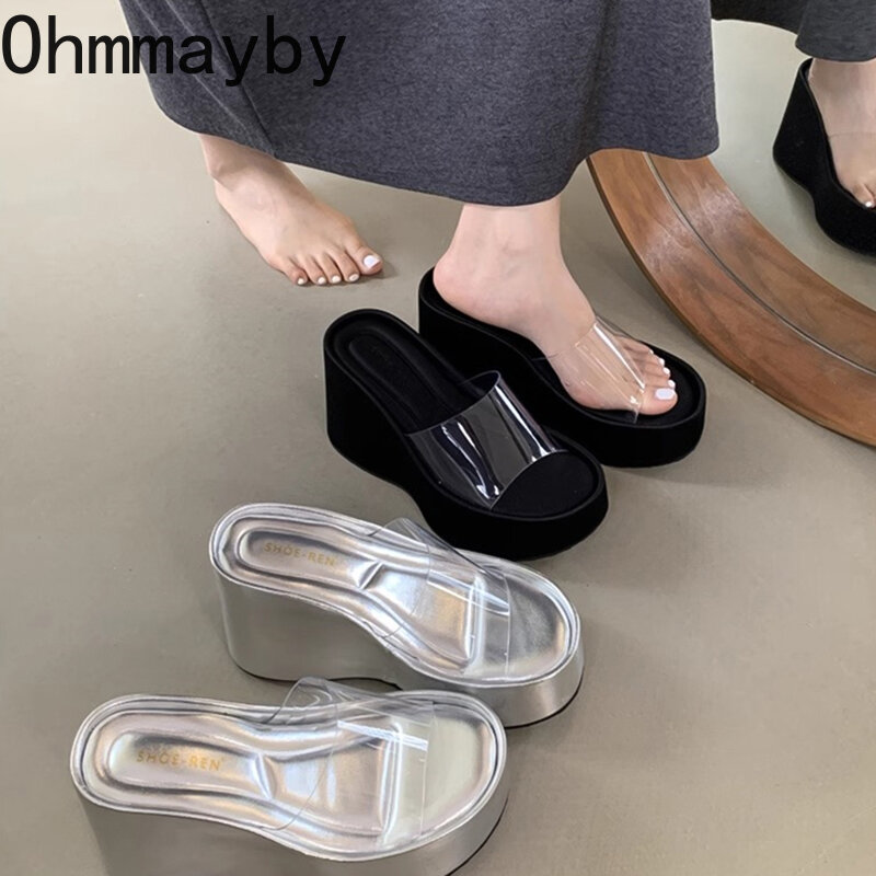 Zapatillas gruesas de PVC para mujer, zapatos de plataforma transparente con cuña y tacón, informales, para playa y exteriores, 2024