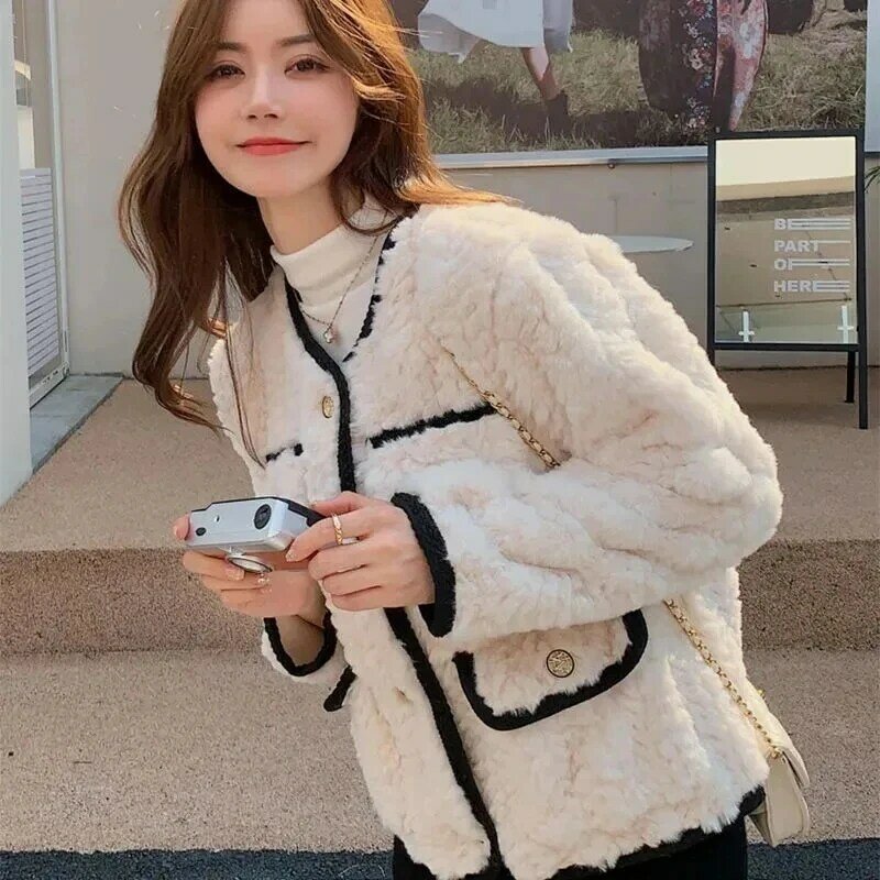 여성용 양모 재킷, 두껍고 따뜻한 플러시 코트, 짧은 인조 모피 코트, 한국 패션, 2023 가을 겨울 신상
