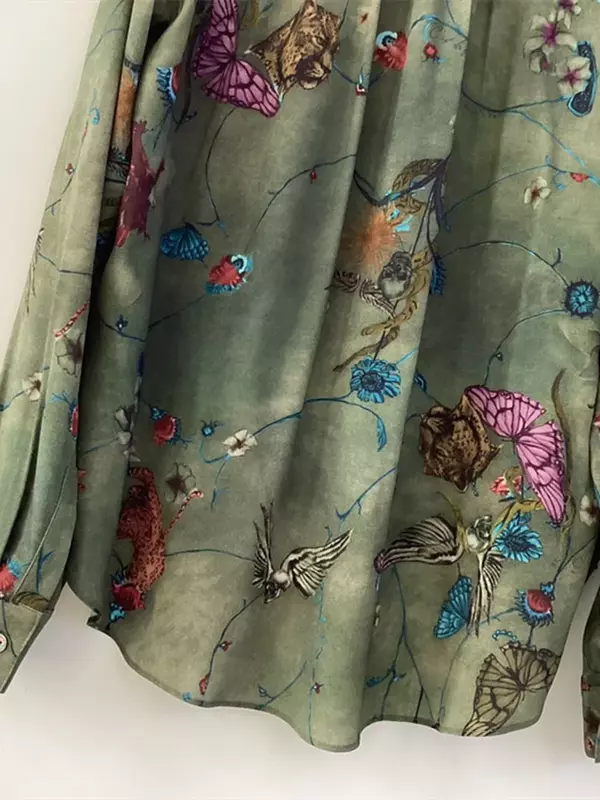 Camisa de manga comprida com decote v para mulheres, blusa 100% viscose, estampa floral animal, elegante primavera, 2024