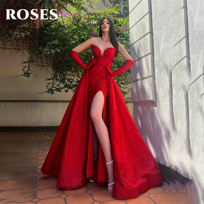 Red Plissado Sereia Vestidos Prom, Vestido de noite lateral, Side Split, Trem de tule, Vestido de festa sem mangas