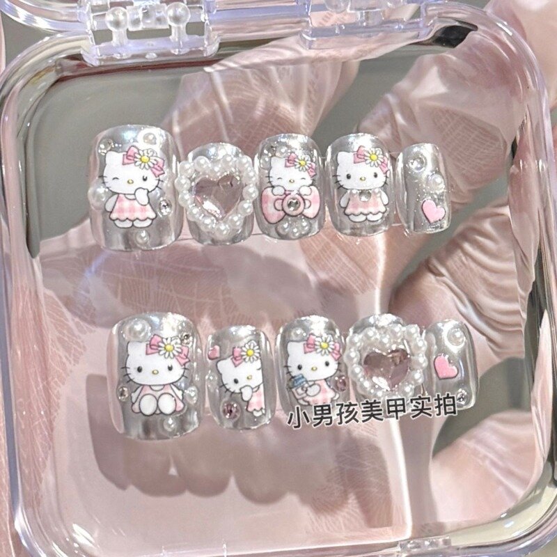Sanrios HelloKittys Kuromi Little Twin Star-parches de manicura para mujer, uñas postizas hechas a mano desmontables, DIY