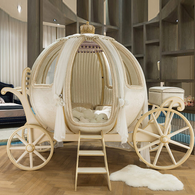 Cama de princesa de madera maciza de estilo europeo, torno de caballo para niños, lindo bebé, cama de calabaza creativa