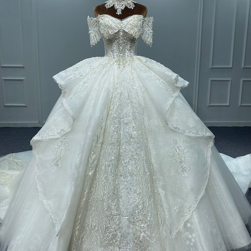 Свадебное платье для невесты, бальное платье с коротким рукавом, со шлейфом и бисером