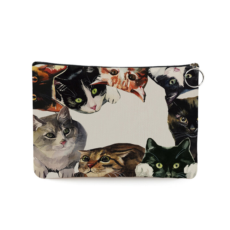 Bolso de mano con estampado de gato de dibujos animados para mujer, bolsa de maquillaje de viaje, organizador de aseo, estuches de cosméticos de almacenamiento
