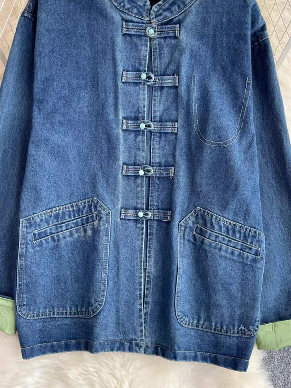 Denim Jacket Female National Style Retro Button Design Contrast Color Long Sleeve Loose Versatile Cardigan Top Jeans Coat K739