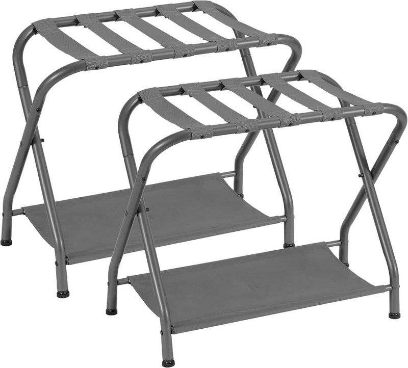 Heybly Luggage Rack,Pack of 2,Steel Folding Suitcase Stand with Storage Shelf for Guest Room Bedroom Hotel,Gray or Black