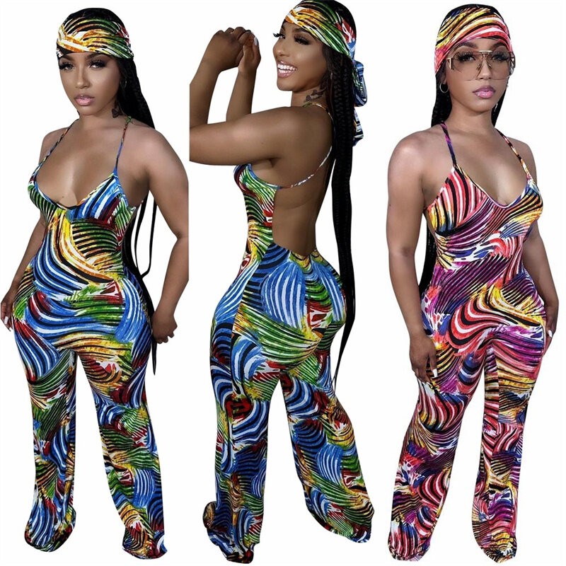 Colourful Striped Printing Jumpsuits Woman Spaghetti Strap Backless Open Back Wide Leg Jumpsuit One Piece Romper Summer Scarf