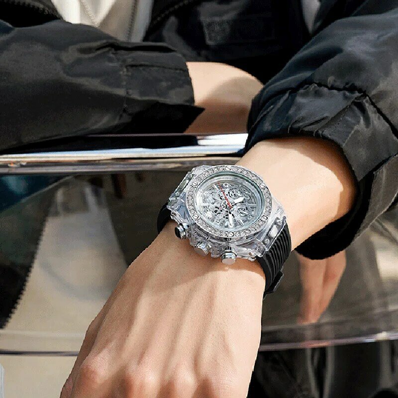 Новинка 2023, модные креативные Мужские кварцевые часы, роскошные ажурные водонепроницаемые часы с силиконовым ремешком на глубине до 30 м, светящиеся наручные часы с хронографом и датой