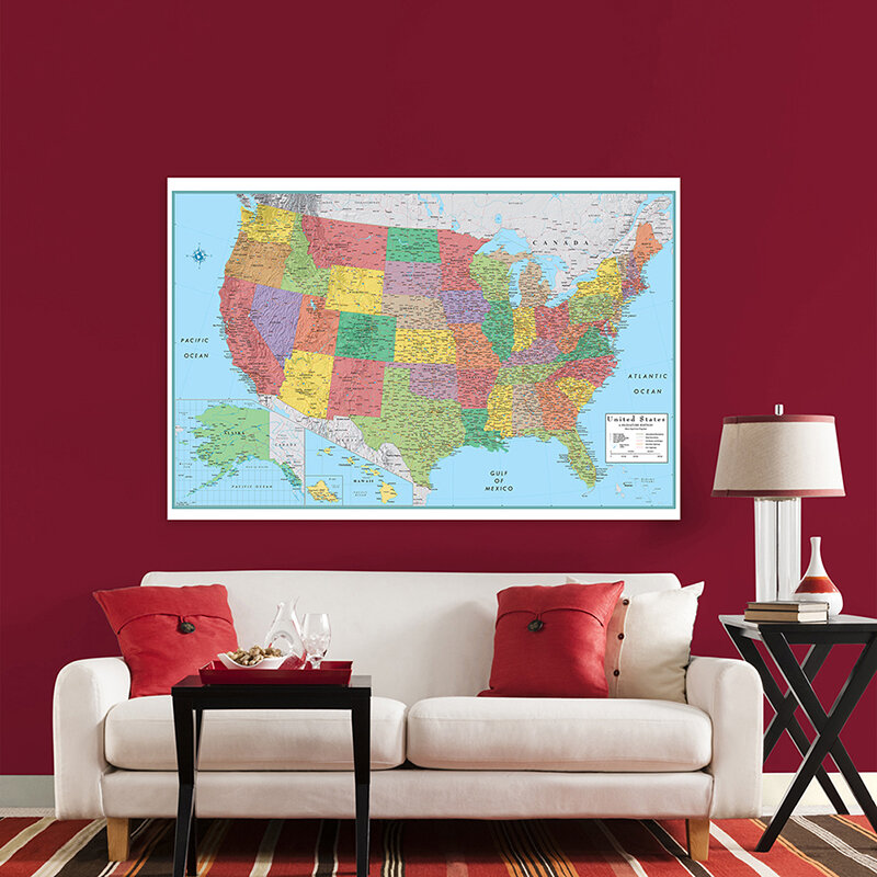 120*80Cm Kain Non-tenun Yang Dapat Dilipat Peta Administratif Amerika Dalam Poster Seni Bahasa Inggris Cetakan Tanpa Bingkai Dekorasi Rumah Perlengkapan Sekolah