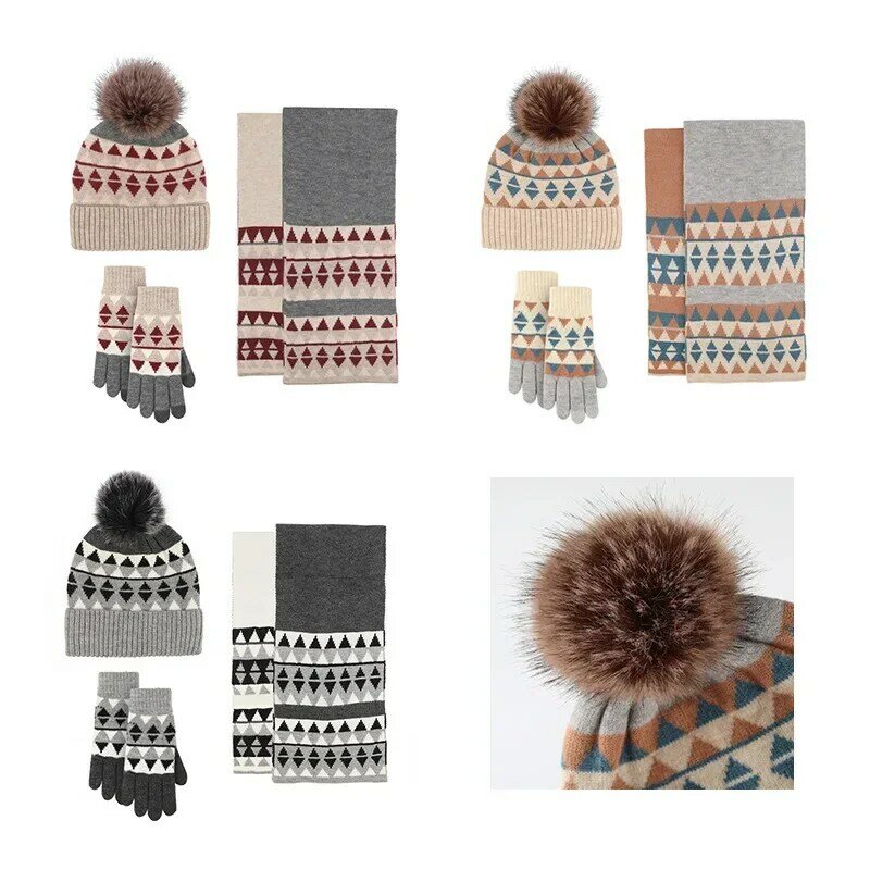 Modne zimowe szaliki rękawiczki z dzianiny czapki trzyczęściowy zestaw wełniany ciepły i odporny na zimno czapka z pomponem kapelusz wysokiej jakości garnitur