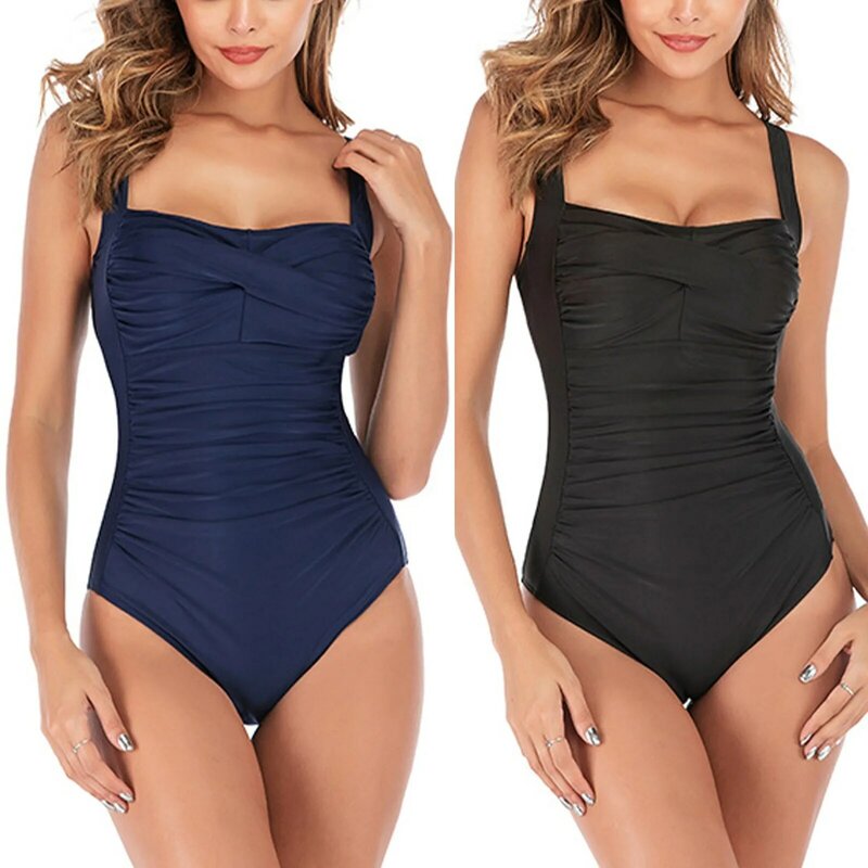 Women'S New Swimsuit Causal Solid Color Pleated One-Piece Swimsuit Fashion High Cut One-Piece Swimsuit Adjustable Strap Bikini