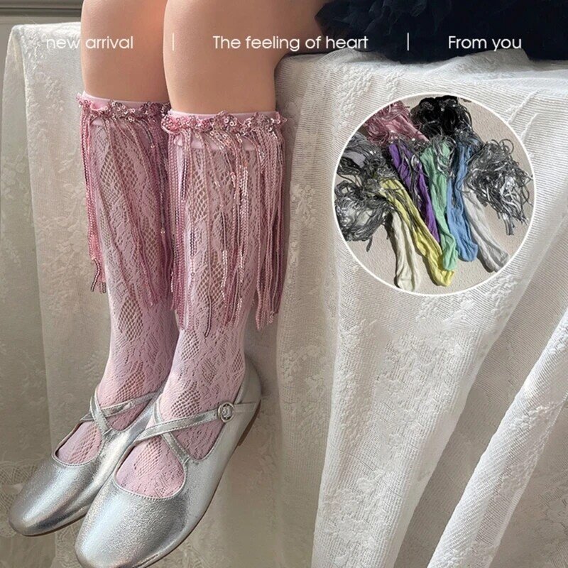 95AB เด็กผู้หญิง Sequins Tassels ตกแต่งกว่าถุงเท้าลูกวัวเกาหลีสไตล์ Hollowed Out ลูกไม้ปาร์ตี้เต้นรำถุงเท้ายาว
