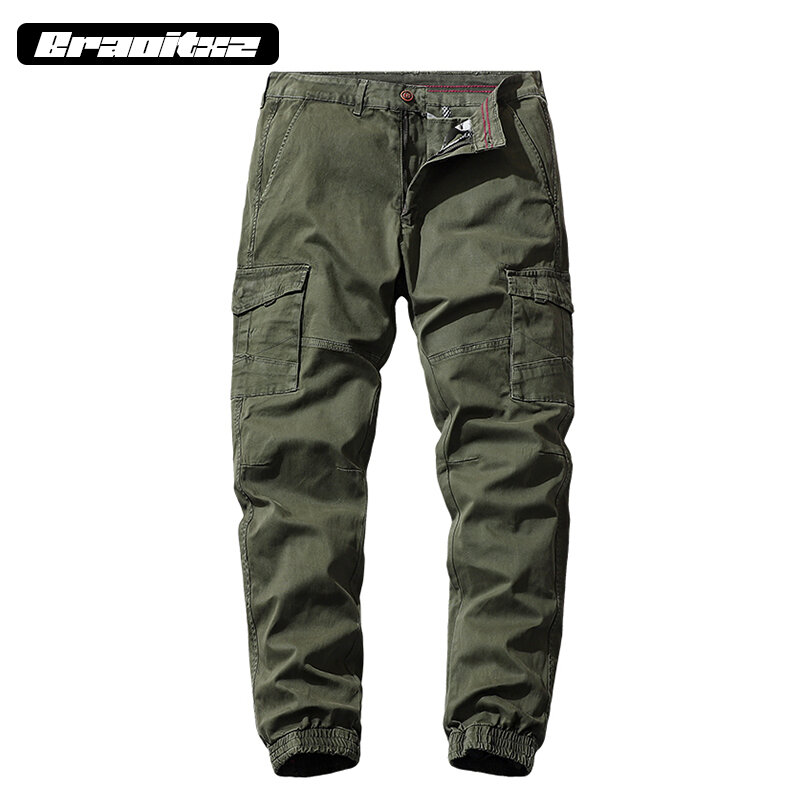 Брюки-карго мужские прямые из чистого хлопка, уличные повседневные штаны для бега, эластичные штаны в стиле милитари, с несколькими карманами