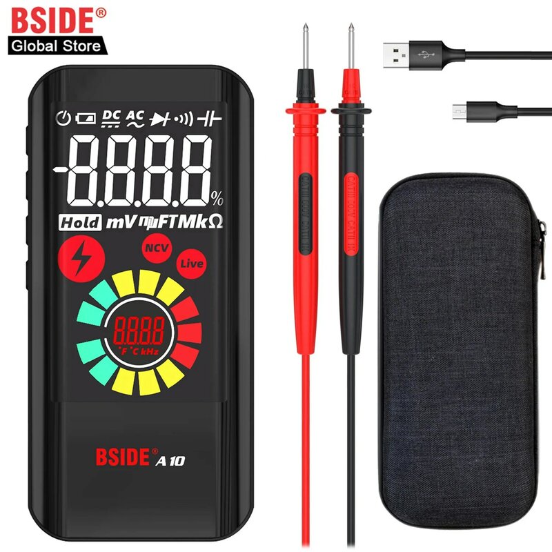 BSIDE-multímetro Digital A10, LCD a Color, voltímetro inteligente de bolsillo recargable, condensador de diodo Ohm Hertz, probador de voltaje de ciclo de trabajo