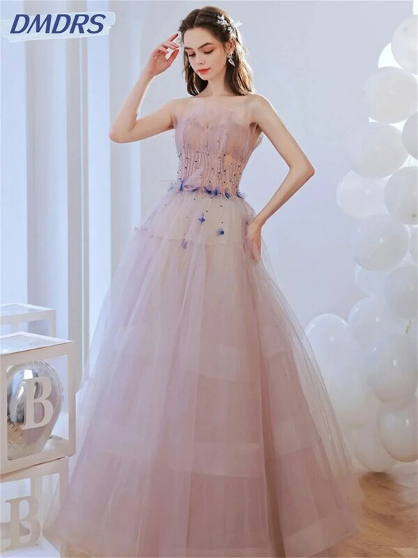 Elegante Strapless A-Line Prom Dress, graciosos vestidos de tule, charmosos vestidos sem mangas até o chão, 2024