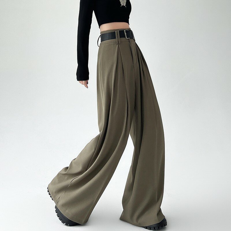 Calça feminina plissada de cintura alta de perna larga, reta de comprimento total, lady streetwear, monocromática, primavera, verão