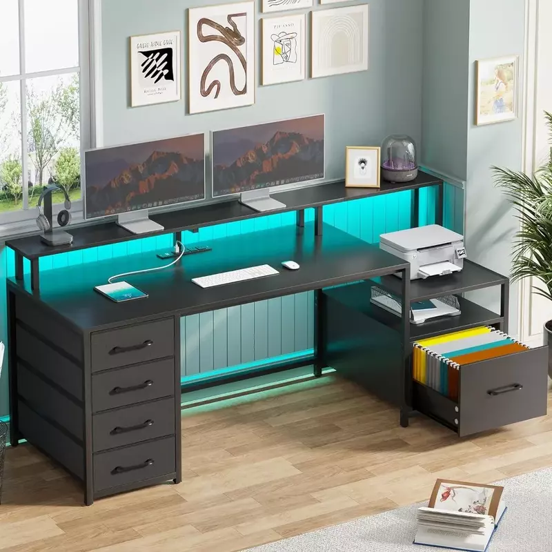Biurko komputerowe z 5 szufladami, gniazdem zasilania i oświetleniem LED, 66-calowe biurko do domowego biura z szufladą na dokumenty, biurko do gier, czarne
