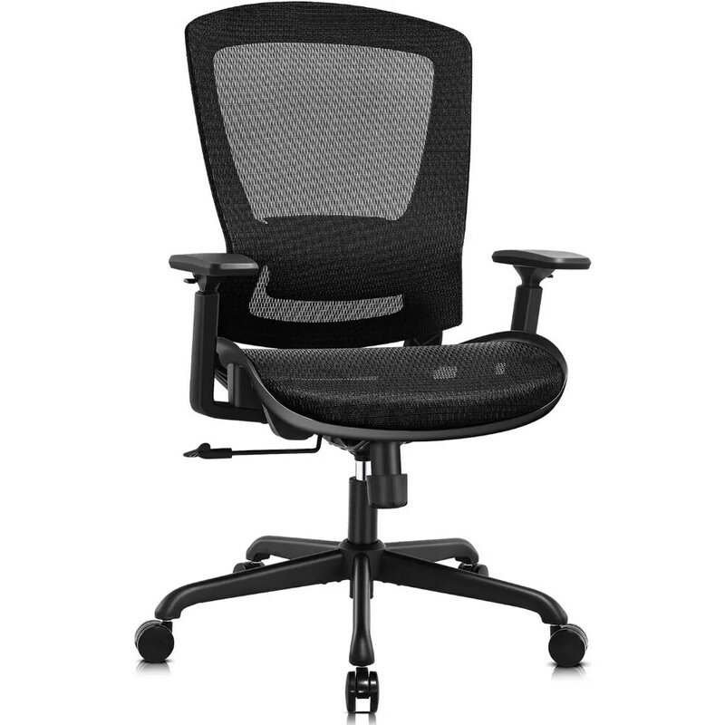 메쉬 사무실 의자, 인체 공학적, 조절 가능한 요추 지지대 및 팔걸이, 편안한 넓은 좌석, 회전 홈 오피스 의자 (블랙)