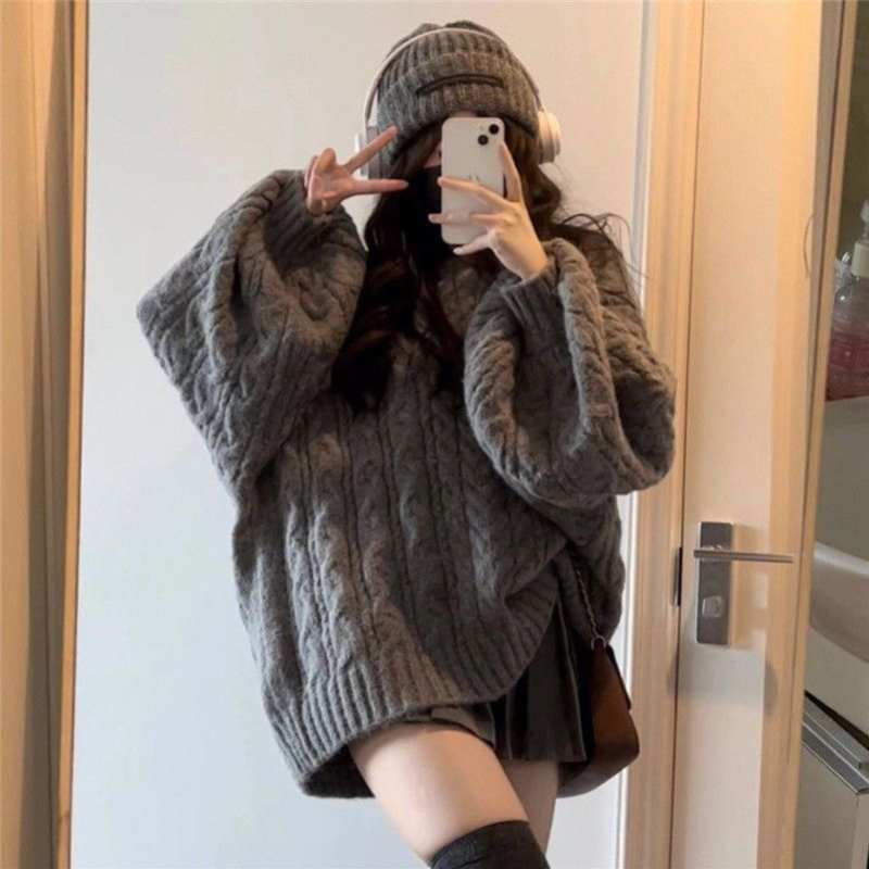 2022 Style Casual Simple Pullover New Retro Solid Color Oversized Sweater Fashion Grey Loose V-Neck Sweater Women Korean