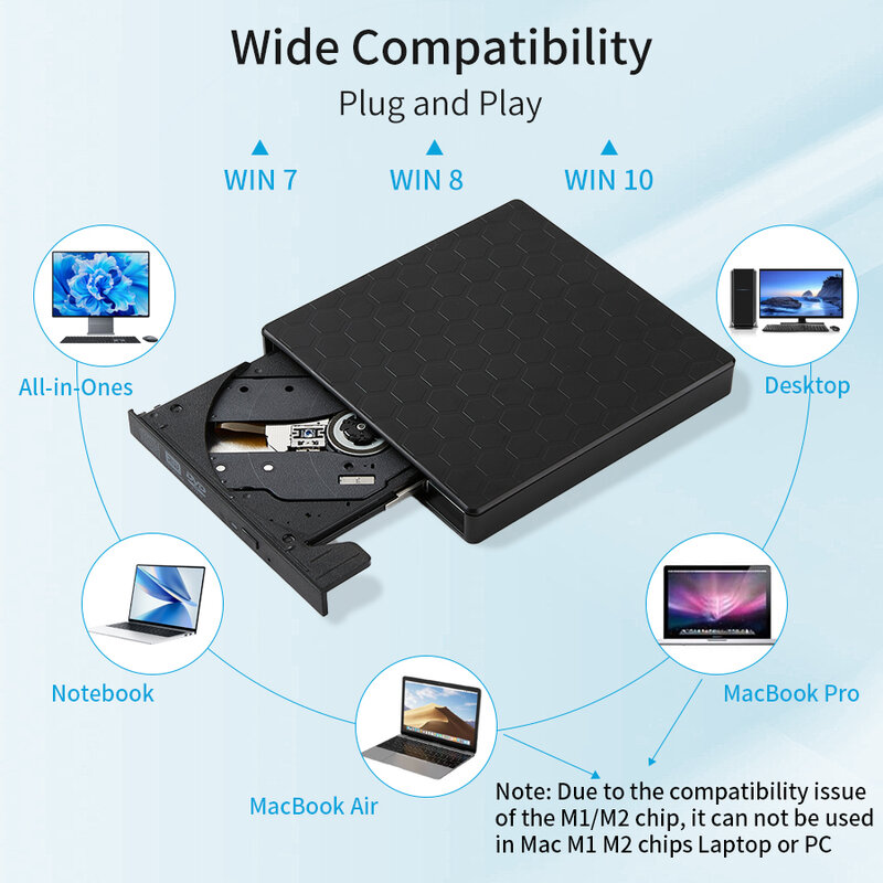 Ammtoo Externe Dvd Drive Usb 3.0 Portable +/-Rw Speler Voor Cd Rom Brander Compatibel Met Laptop Desktop Pc Windows