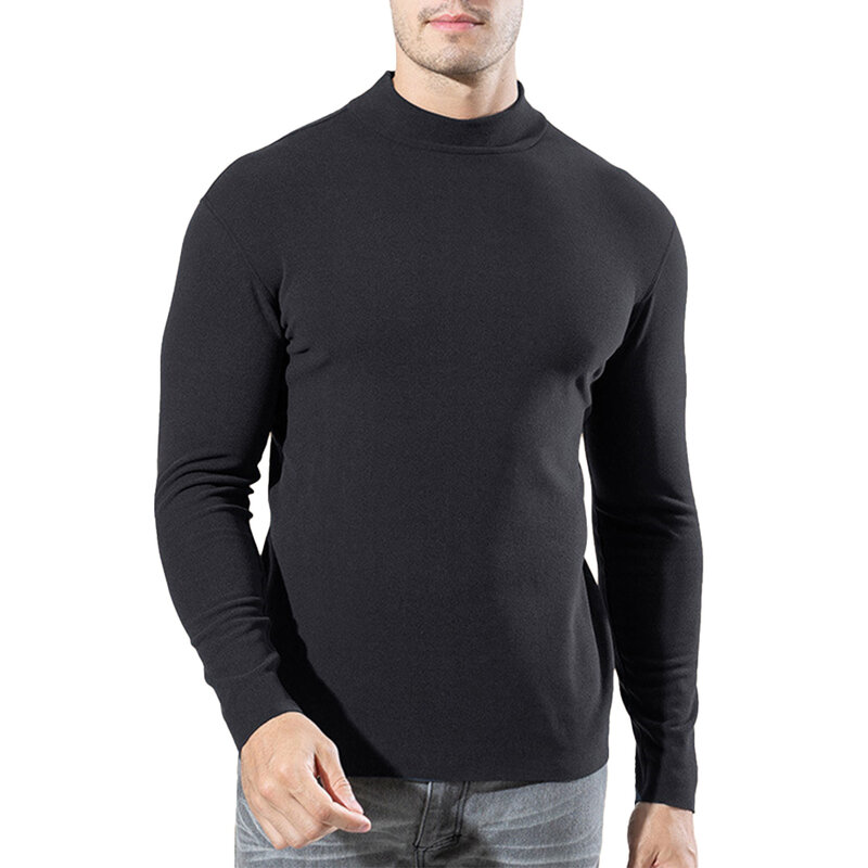 Leisure Men Shirt Jumper Long Sleeve Mock Neck Pullover Slim Fit Solid Sports Stretch T-Shirt Autumn Male Comfy