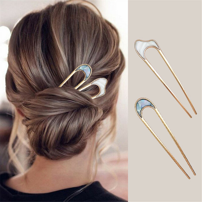 Pinos de cabelo em forma de U para mulheres, hairpin shell, garfo, simples e elegante, acessórios franceses