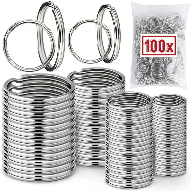 20/100Pcs DIY Polished Silver Keyring Stainless Steel Hole Flat Key Ring Chain Rhodium Plated Round Split Keychain Wholesale