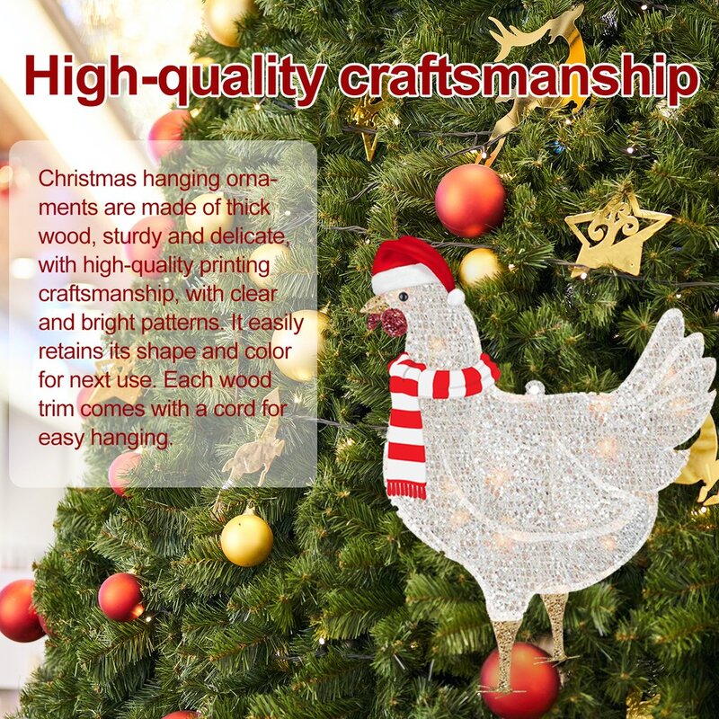 Enfeites de frango de madeira para o Natal, Pingentes adoráveis, Home Decor, Decoração ao ar livre do festival, 7 estilos, quente