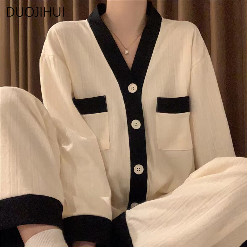 DUOJIHUI Two Piece Contrast Color Loose Female Pajamas Sets Chicly Button Cardigan Simple Pant Fashion Casual Pajamas for Women