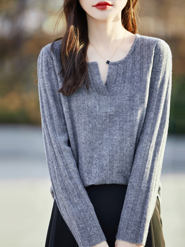Aliselect-suéter con cuello en V para mujer, jersey de manga larga de lana merina, prendas de punto de Cachemira, Tops elegantes, primavera y otoño, 100%